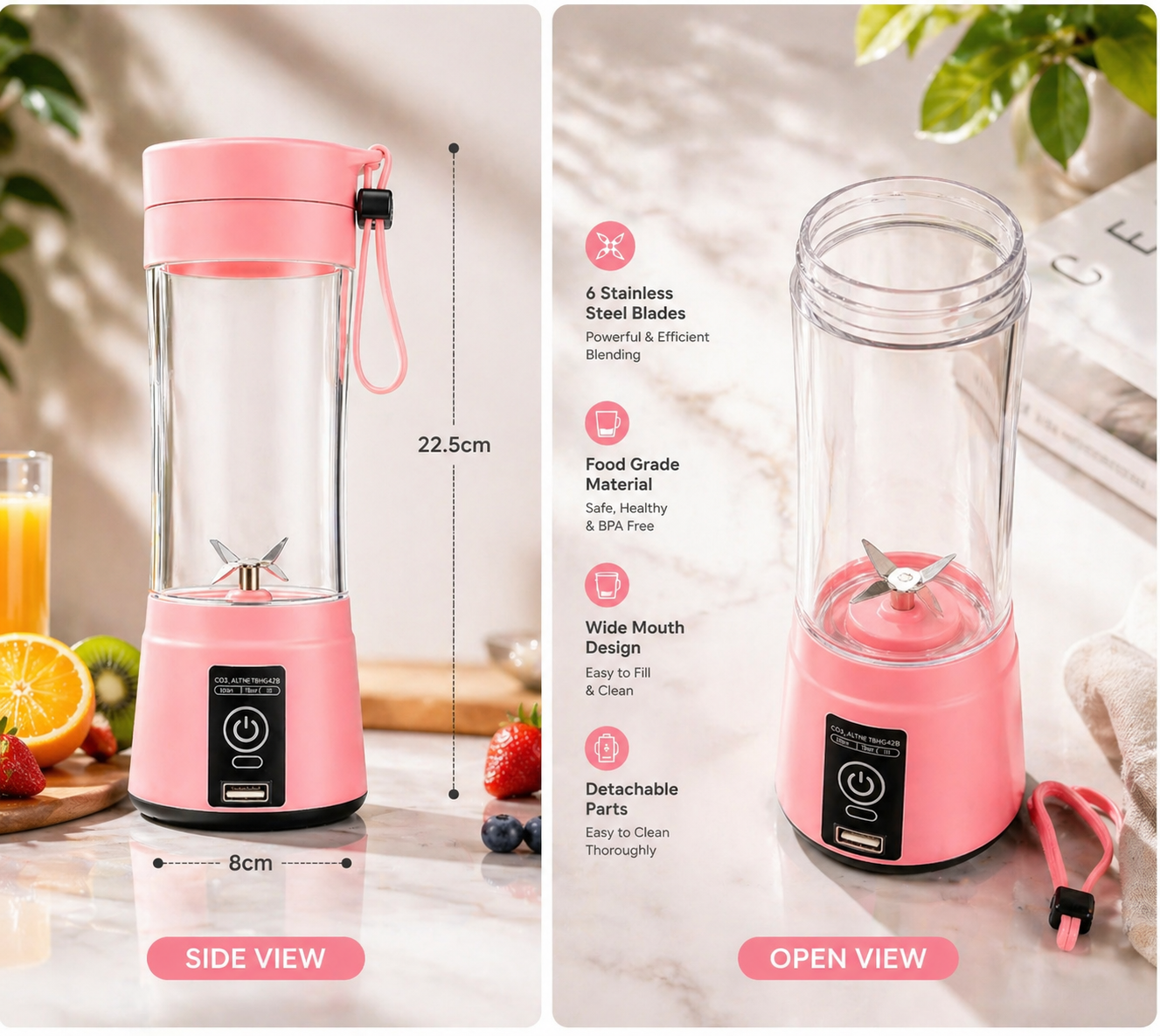 Portable Mini Blender – USB Rechargeable | 6-Blade | Food-Grade Safe